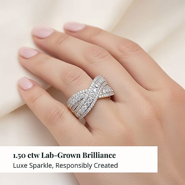Luxuriant Lab Grown Diamond (G VS 10.0) 1.50 Ctw Interlace Criss-Cross Ring In 14K Yellow Gold Over Sterling Silver
