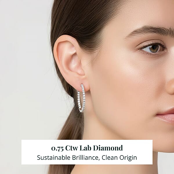 Luxuriant Lab Grown Diamond Hoop Earrings In Rhodium Over Sterling Silver 0.75 Ctw