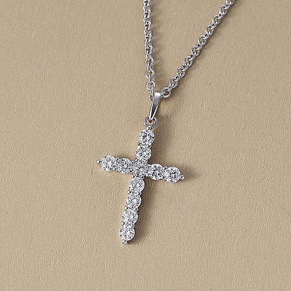 Luxuriant Lab Grown Diamond Jesus Cross Pendant In 10K White Gold With Stainless Steel Necklace 0.60 Ctw (20 Inches)