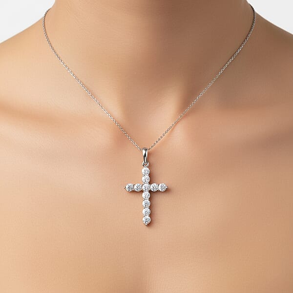 Luxuriant Lab Grown Diamond Jesus Cross Pendant In 10K White Gold With Stainless Steel Necklace 0.60 Ctw (20 Inches)