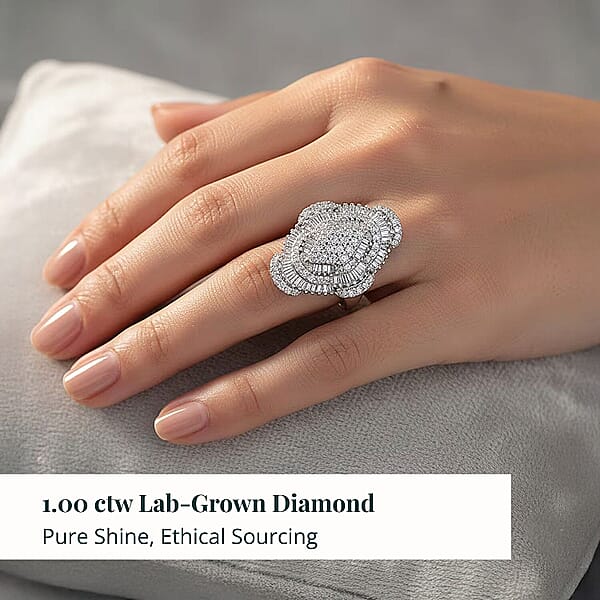 Luxuriant Lab Grown Diamond Mosaic Art Ring In Rhodium Over Sterling Silver 1.00 Ctw