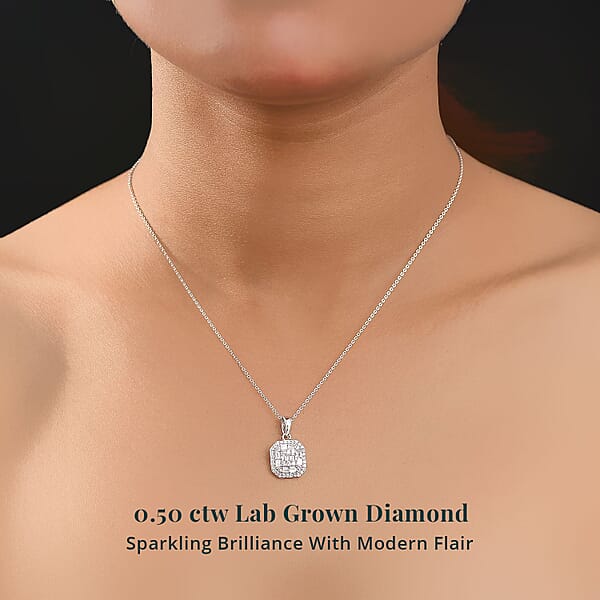 Luxuriant Lab Grown Diamond SI 0.50 Ctw Art Deco Pendant Necklace 20 Inches In Rhodium Over Sterling Silver