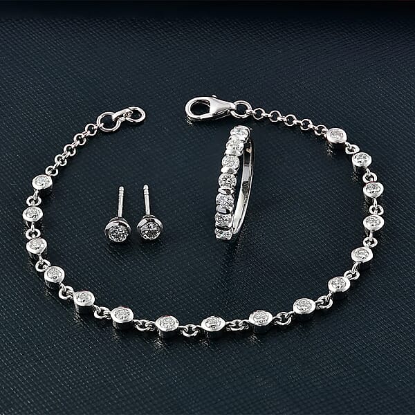 Luxuriant Lab Grown Diamond SI-I1 2.80 Ctw Bubbles Ring And Stud Earrings And Bracelet (7.25In) In Rhodium Over Sterling Silver
