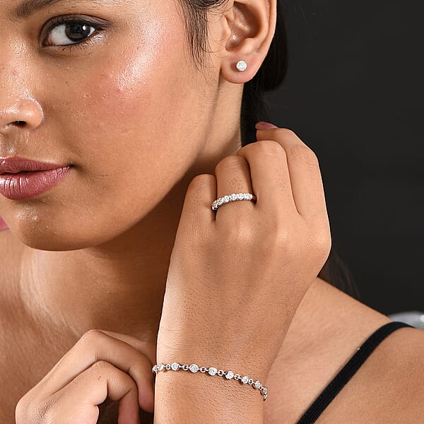Luxuriant Lab Grown Diamond SI-I1 2.80 Ctw Bubbles Ring And Stud Earrings And Bracelet (7.25In) In Rhodium Over Sterling Silver