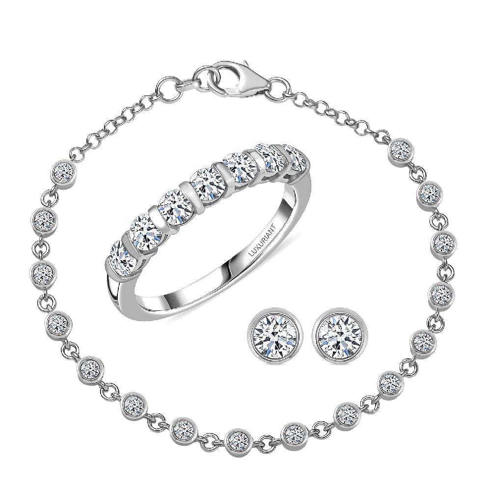 Luxuriant Lab Grown Diamond SI-I1 2.80 ctw Bubbles Ring and Stud Earrings and Bracelet (7.25In) in Rhodium Over Sterling Silver