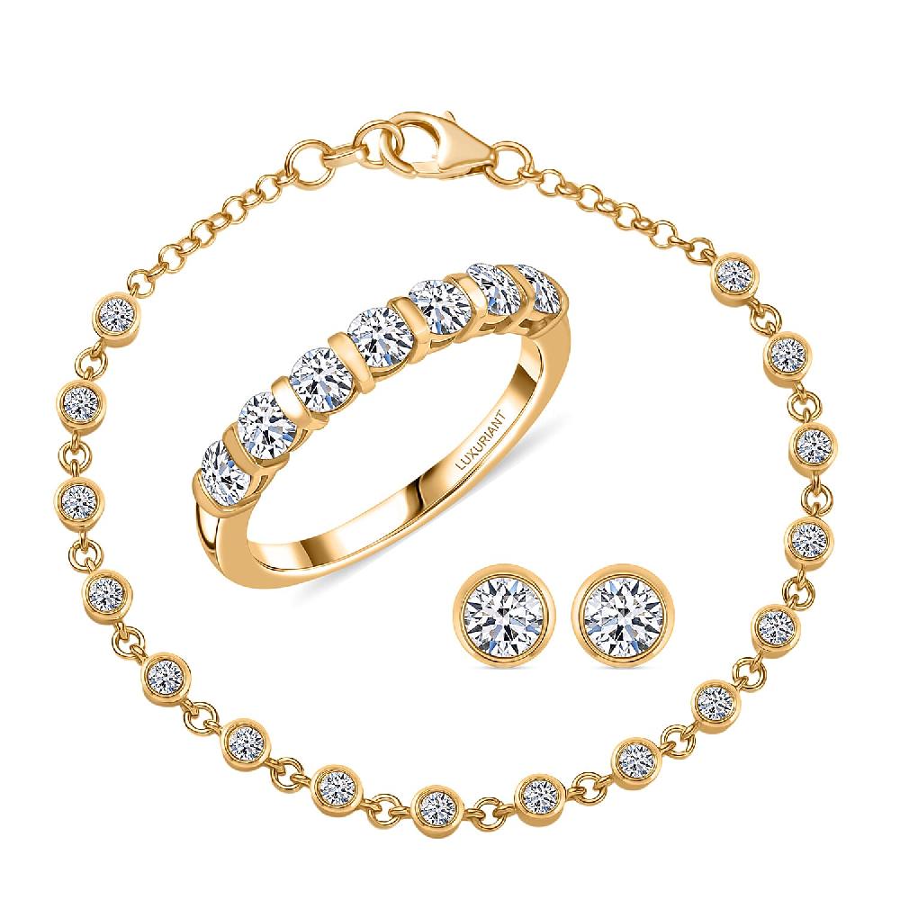 Luxuriant Lab Grown Diamond (SI-I1) Bubbles Ring and Stud Earrings and Bracelet (7.25In) in 18K Vermeil YG Over Sterling Silver 2.80 ctw
