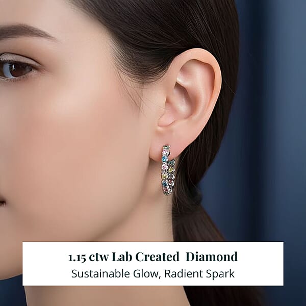 Luxuriant Lab Grown Multi Diamond SI 1.15 Ctw Aurora Radiance Hoop Earrings In Rhodium Over Sterling Silver
