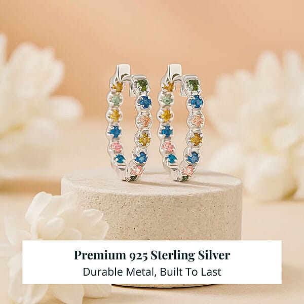 Luxuriant Lab Grown Multi Diamond SI 1.15 Ctw Aurora Radiance Hoop Earrings In Rhodium Over Sterling Silver