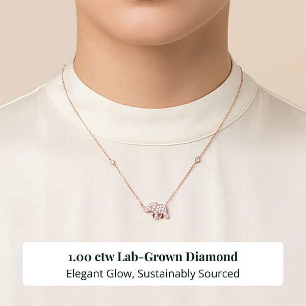 Luxuriant Lab Grown Pink (IR) And White Diamond (SI) 1.00 Ctw Elephant Necklace In 18K Vermeil Rose Gold Over Sterling Silver 18-20 Inches