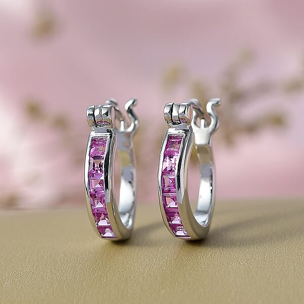 Luxuriant Lab Grown Pink Sapphire 0.75 Ctw Hoop Earrings In Platinum Over Sterling Silver