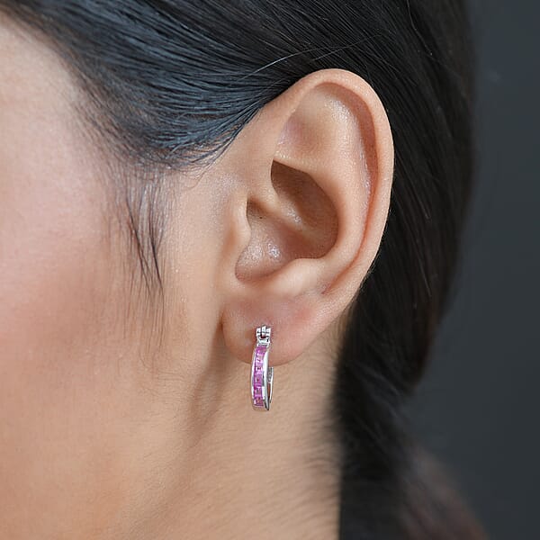 Luxuriant Lab Grown Pink Sapphire 0.75 Ctw Hoop Earrings In Platinum Over Sterling Silver