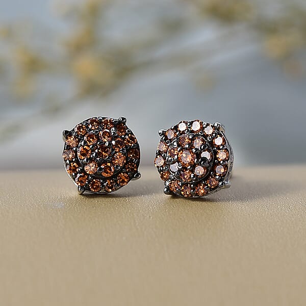 Luxuriant Lab Grown Red Diamond (IR) 0.50 Ctw Rosetta Halo Studs Earrings In Rhodium Over Sterling Silver