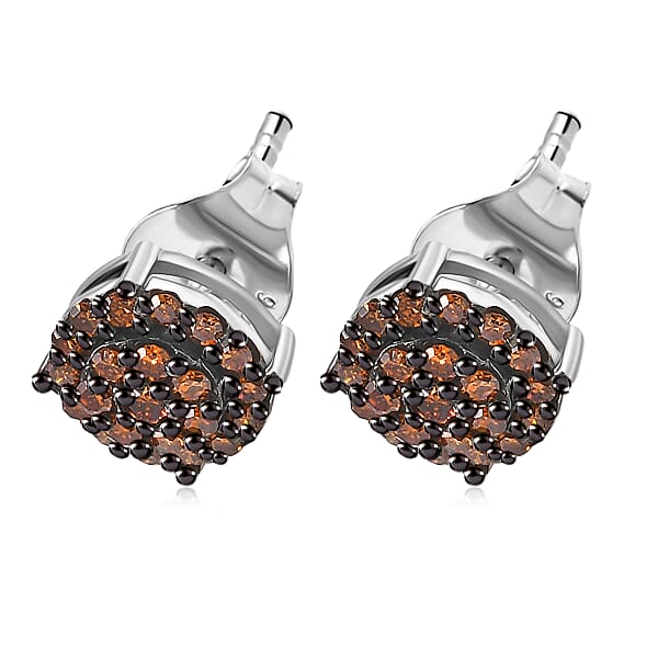 Luxuriant Lab Grown Red Diamond (IR) 0.50 Ctw Rosetta Halo Studs Earrings In Rhodium Over Sterling Silver