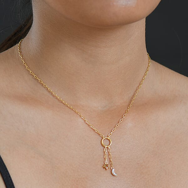 Luxuriant Lab Grown Red Diamond (IR) And Lab Grown Diamond (SI) 0.10 Ctw Sun & Moon Necklace In 18K Vermeil Yellow Gold Over Sterling Silver 18-20 Inches