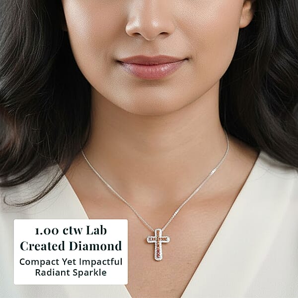 Luxuriant Lab Grown Red Diamond (IR) And Lab Grown Diamond 1.00 Ctw Eternal Rouge Cross Pendant Necklace 20 Inches In Rhodium Over Sterling Silver