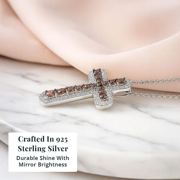 Luxuriant Lab Grown Red Diamond (IR) And Lab Grown Diamond 1.00 Ctw Eternal Rouge Cross Pendant Necklace 20 Inches In Rhodium Over Sterling Silver