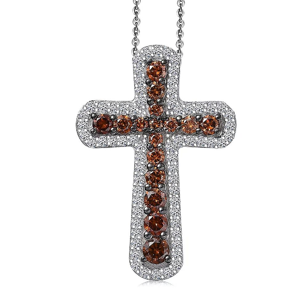 Luxuriant Lab Grown Red Diamond (IR) and Lab Grown Diamond 1.00 ctw Eternal Rouge Cross Pendant Necklace 20 Inches in Rhodium Over Sterling Silver