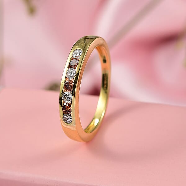Luxuriant Lab Grown Red Diamond (IR) And Lab Grown Diamond 0.33 Ctw Fire & Frost Band Ring In 18K Vermeil Yellow Gold Over Sterling Silver