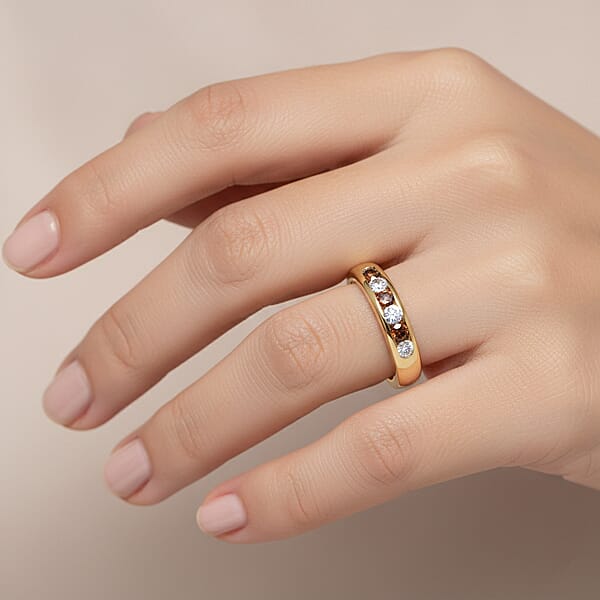 Luxuriant Lab Grown Red Diamond (IR) And Lab Grown Diamond 0.33 Ctw Fire & Frost Band Ring In 18K Vermeil Yellow Gold Over Sterling Silver