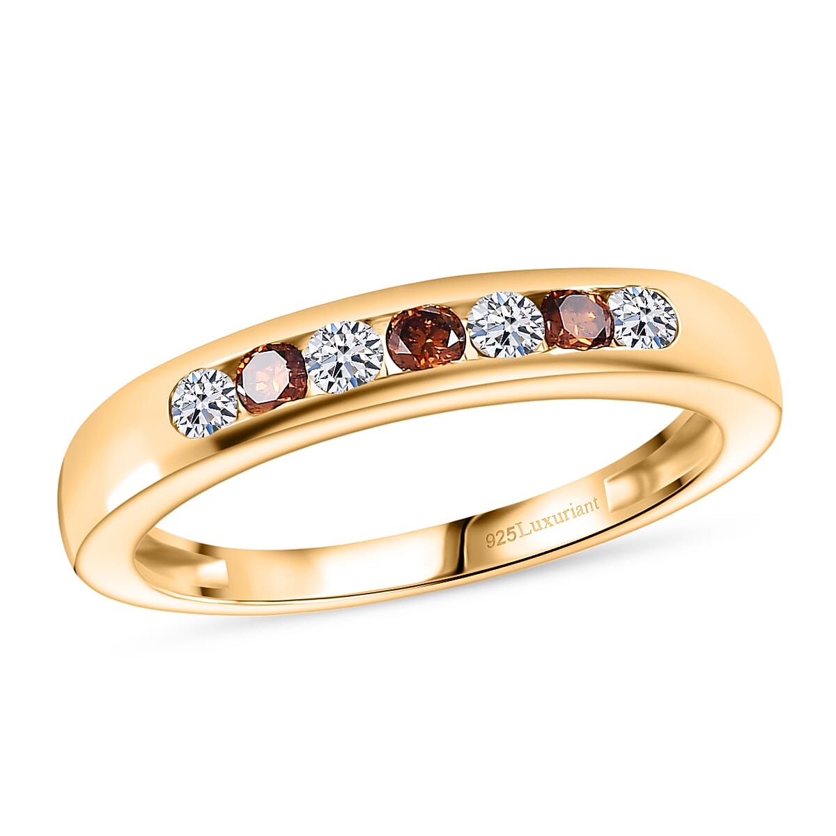 Luxuriant Lab Grown Red Diamond (IR) and Lab Grown Diamond 0.33 ctw Fire & Frost Band Ring in 18K Vermeil Yellow Gold Over Sterling Silver