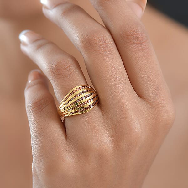 Luxuriant Lab Grown Red Diamond (IR) SI 1.50 Ctw Multi Row Ring In 18K Vermeil Yellow Gold Over Sterling Silver