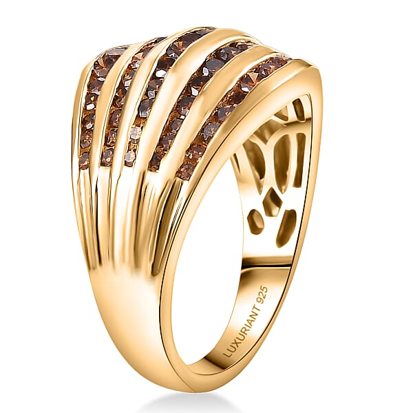 Luxuriant Lab Grown Red Diamond (IR) SI 1.50 Ctw Multi Row Ring In 18K Vermeil Yellow Gold Over Sterling Silver