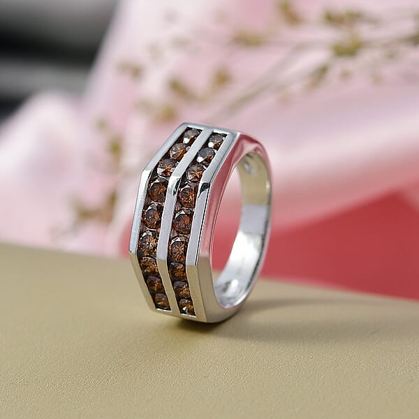 Luxuriant Lab Grown Red Diamond (SI) Band Men's Ring In Rhodium Over Sterling Silver 2.10 Ctw