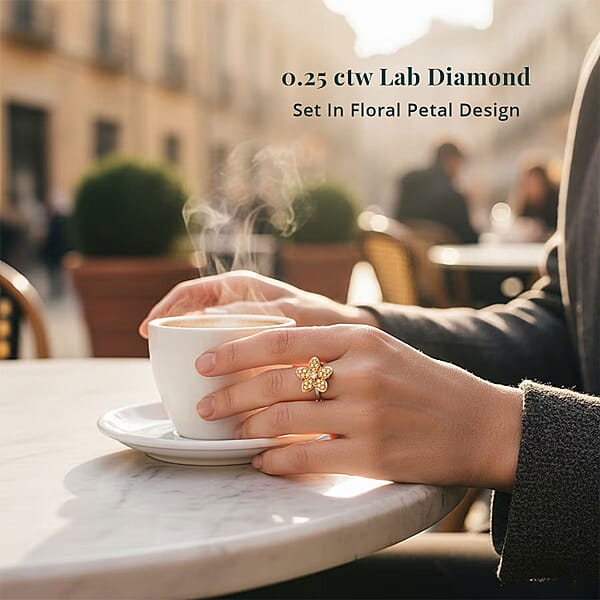 Luxuriant Lab Grown Yellow Diamond (E-F VS) Floral Ring In Rhodium Over Sterling Silver 0.25 Ctw