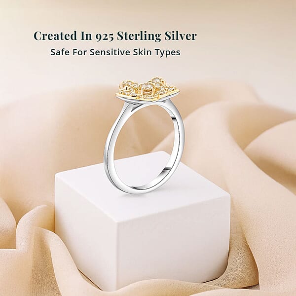 Luxuriant Lab Grown Yellow Diamond (E-F VS) Floral Ring In Rhodium Over Sterling Silver 0.25 Ctw