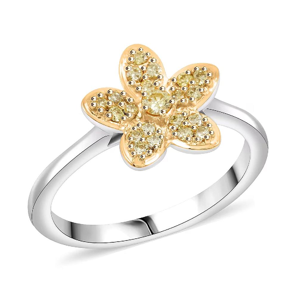 Luxuriant Lab Grown Yellow Diamond (E-F VS) Floral Ring in Rhodium Over Sterling Silver 0.25 ctw