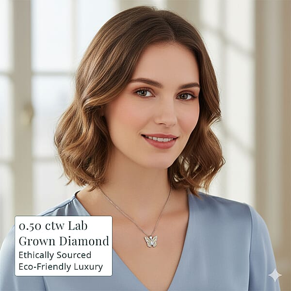 Luxuriant Lab Grown Yellow Diamond (IR) And Lab Grown Diamond VS 0.50 Ctw Butterfly Pendant Necklace In Rhodium Over Sterling Silver 20 Inches