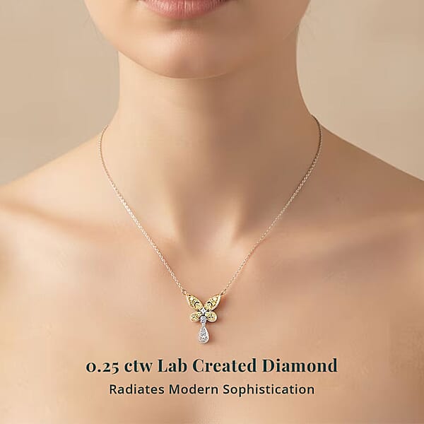 Luxuriant Lab Grown Yellow Diamond (IR) And Lab Grown Diamond VS 0.25 Ctw Butterfly Pendant Necklace In Rhodium Over Sterling Silver 18-20 Inches