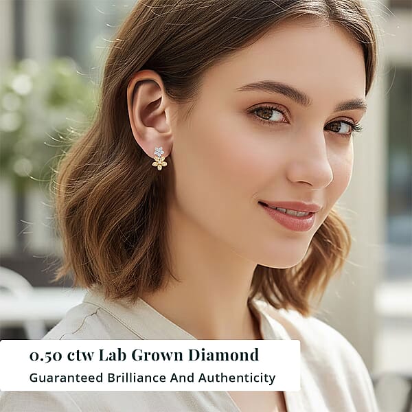 Luxuriant Lab Grown Yellow Diamond (IR) And Lab Grown Diamond VS 0.50 Ctw Blooming Flower Earrings In Rhodium Over Sterling Silver