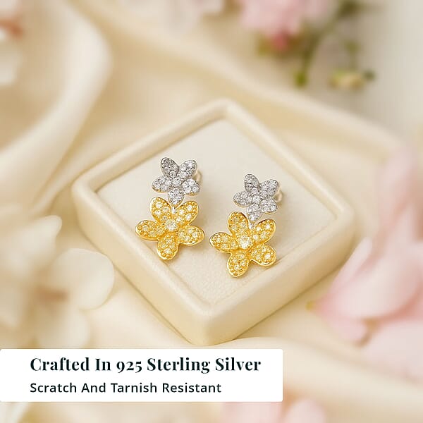 Luxuriant Lab Grown Yellow Diamond (IR) And Lab Grown Diamond VS 0.50 Ctw Blooming Flower Earrings In Rhodium Over Sterling Silver
