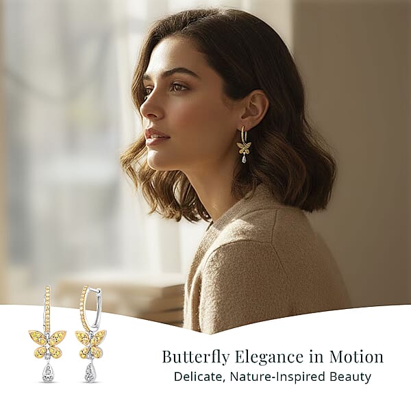 Luxuriant Lab Grown Yellow Diamond (IR) And Lab Grown Diamond VS 0.50 Ctw Butterfly Earrings In Rhodium Over Sterling Silver