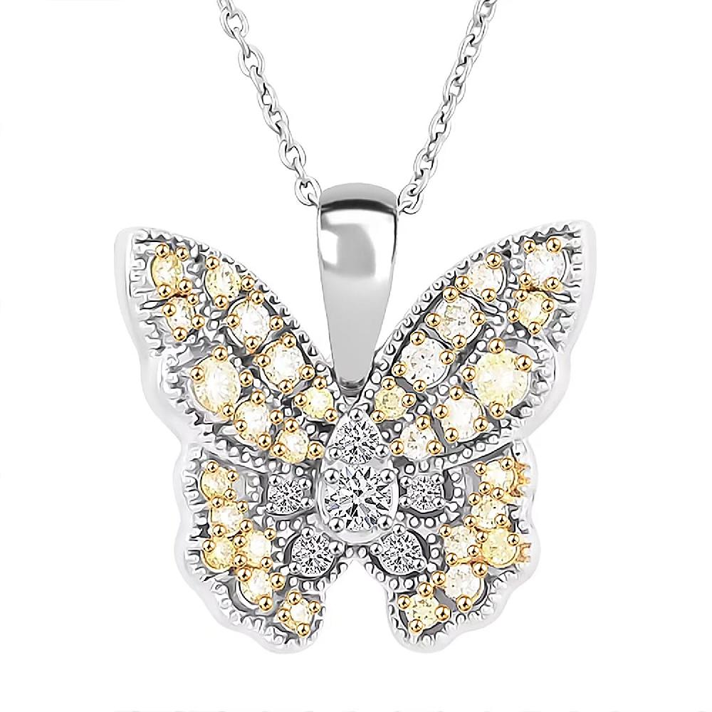 Luxuriant Lab Grown Yellow Diamond (IR) and Lab Grown Diamond VS 0.50 ctw Butterfly Pendant Necklace in Rhodium Over Sterling Silver 20 Inches