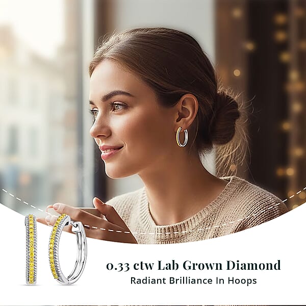 Luxuriant Lab Grown Yellow Diamond (IR) VS 0.33 Ctw Hoop Earrings In Rhodium Over Sterling Silver