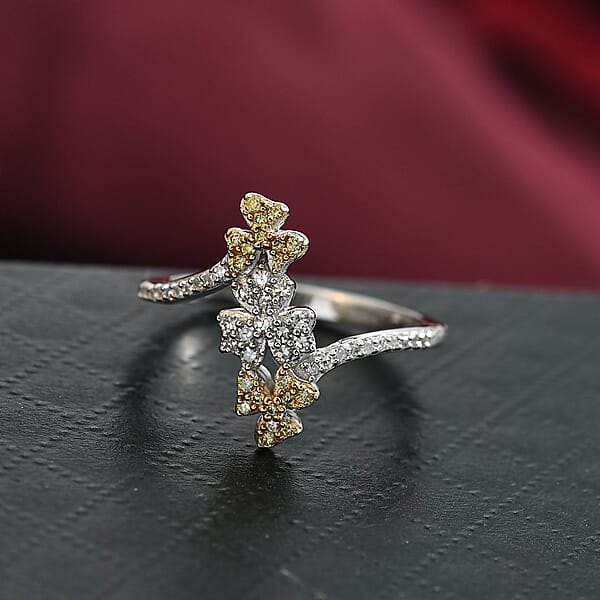 Luxuriant Lab Grown Yellow Diamond Lab Grown Diamond (VS) Floral Ring In Rhodium Over Sterling Silver 0.33 Ctw