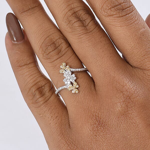 Luxuriant Lab Grown Yellow Diamond Lab Grown Diamond (VS) Floral Ring In Rhodium Over Sterling Silver 0.33 Ctw