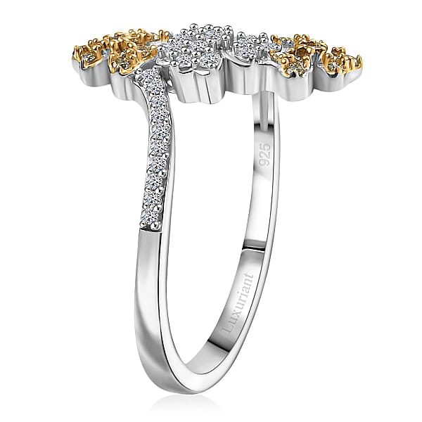 Luxuriant Lab Grown Yellow Diamond Lab Grown Diamond (VS) Floral Ring In Rhodium Over Sterling Silver 0.33 Ctw