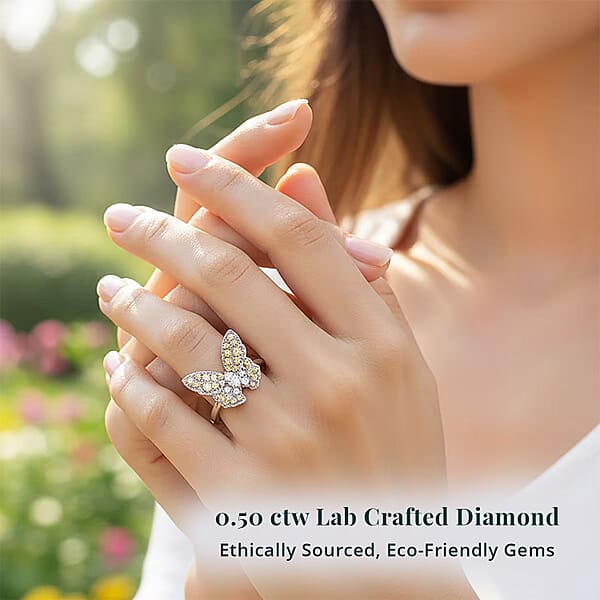 Luxuriant Lab Grown Yellow Diamond Lab Grown Diamond (VS) Butterfly Ring In Rhodium Over Sterling Silver 0.50 Ctw