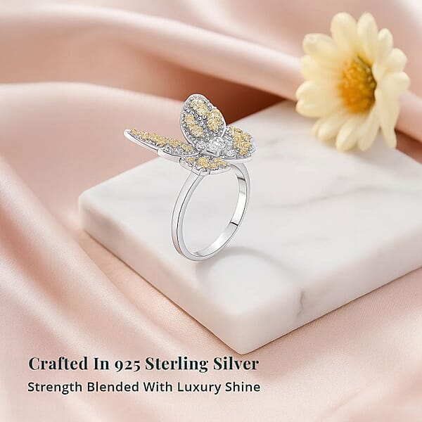 Luxuriant Lab Grown Yellow Diamond Lab Grown Diamond (VS) Butterfly Ring In Rhodium Over Sterling Silver 0.50 Ctw