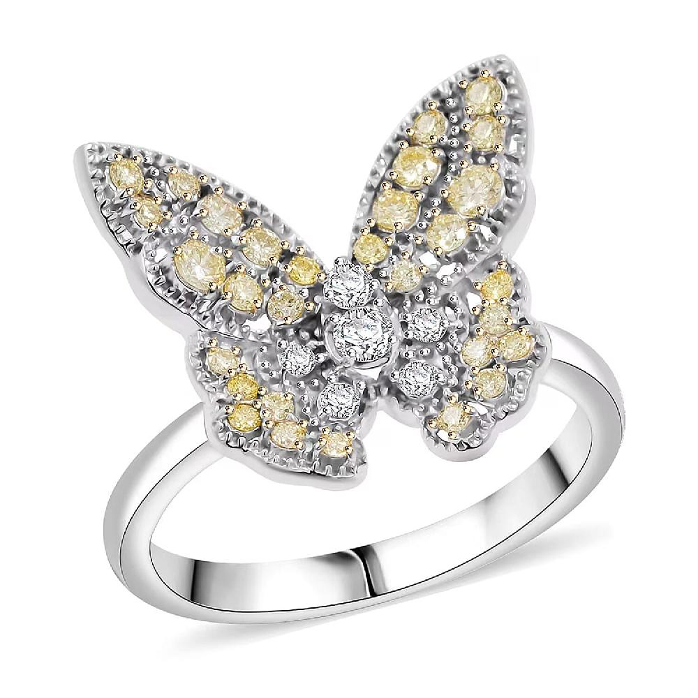 Luxuriant Lab Grown Yellow Diamond Lab Grown Diamond (VS) Butterfly Ring In Rhodium Over Sterling Silver 0.50 Ctw