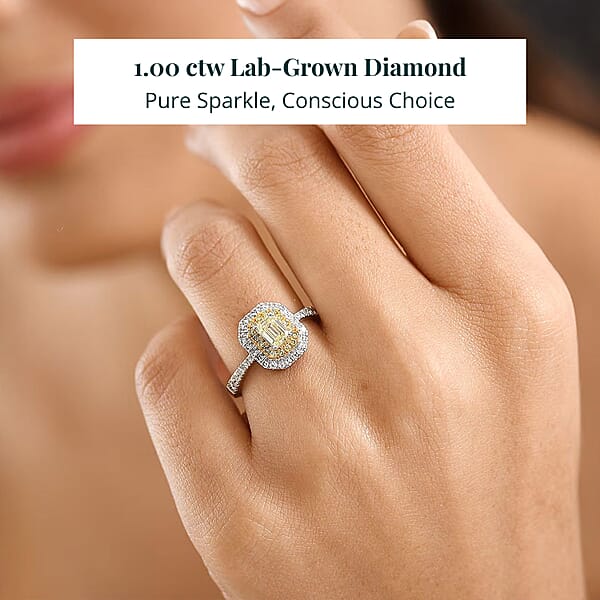 Luxuriant Lab Grown Yellow Diamond Lab Grown Diamond (VS) Art Deco Ring In 10K White Gold 1.00 Ctw