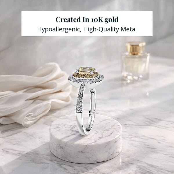 Luxuriant Lab Grown Yellow Diamond Lab Grown Diamond (VS) Art Deco Ring In 10K White Gold 1.00 Ctw