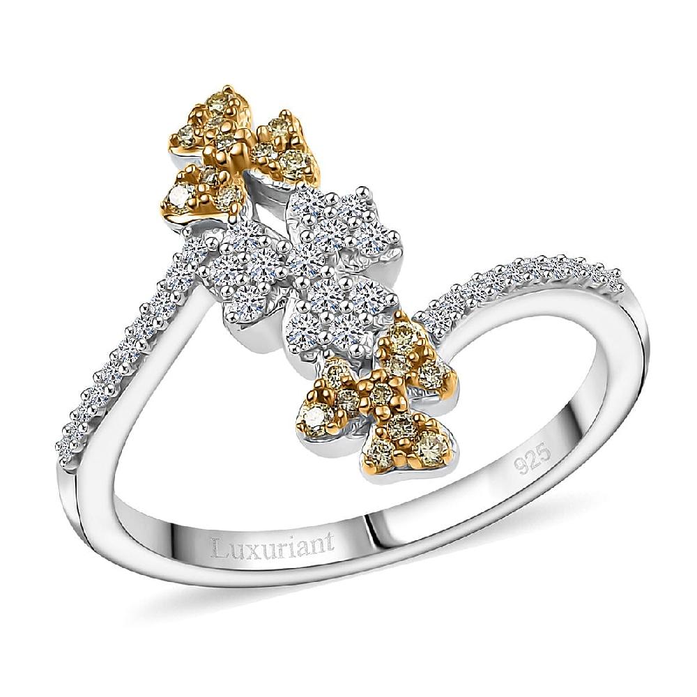 Luxuriant Lab Grown Yellow Diamond Lab Grown Diamond (VS) Floral Ring in Rhodium Over Sterling Silver 0.33 ctw