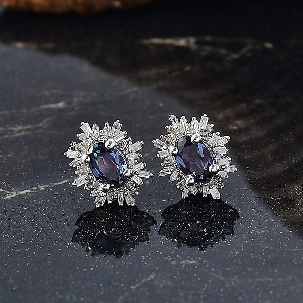 Luxuriant Premium Lab Grown Alexandrite And Diamond 1.30 Ctw Twilight Bloom Earrings In Rhodium Over Sterling Silver