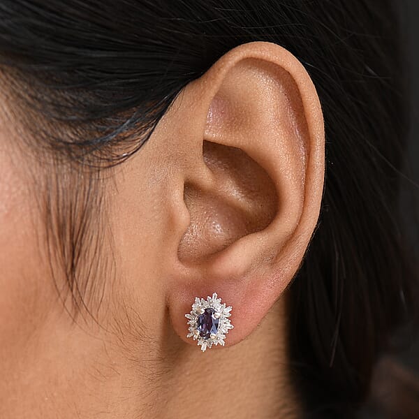 Luxuriant Premium Lab Grown Alexandrite And Diamond 1.30 Ctw Twilight Bloom Earrings In Rhodium Over Sterling Silver