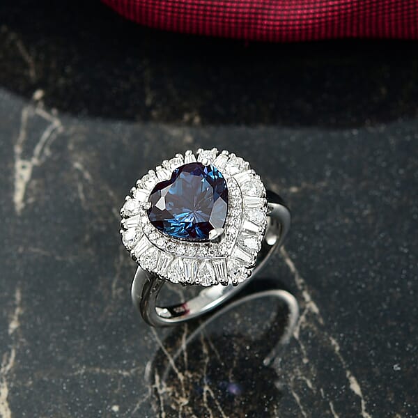 Luxuriant Premium Lab Grown Alexandrite And Moissanite 5.90 Ctw Twilight Heart Ring In Rhodium Over Sterling Silver