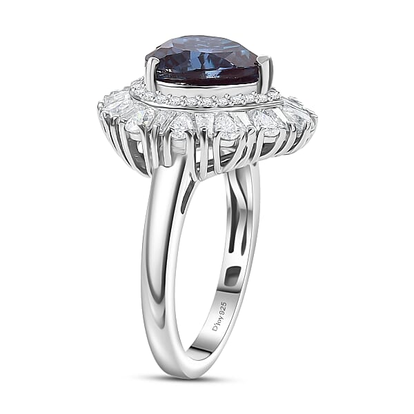 Luxuriant Premium Lab Grown Alexandrite And Moissanite 5.90 Ctw Twilight Heart Ring In Rhodium Over Sterling Silver